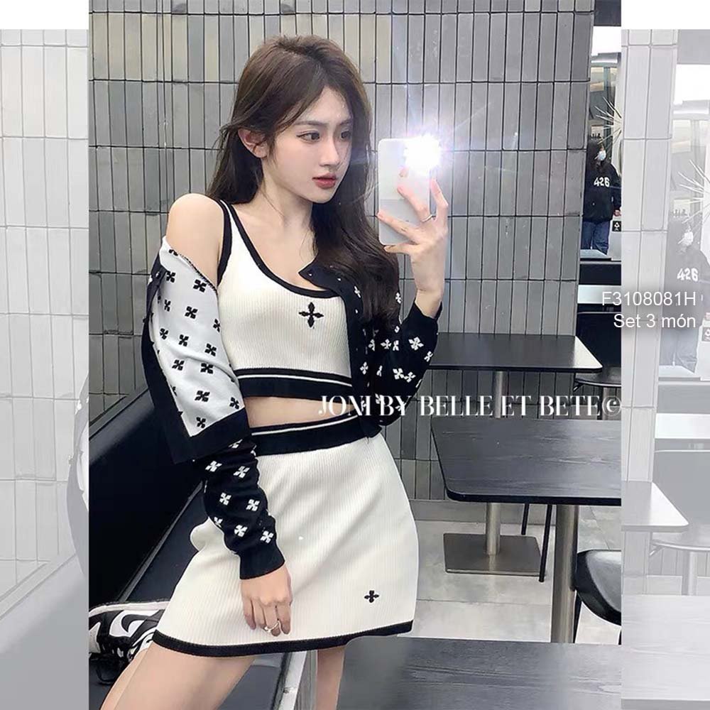 Set áo khoác họa tiết tay dài áo croptop phối viền sát nách kèm chân váy ngắn!