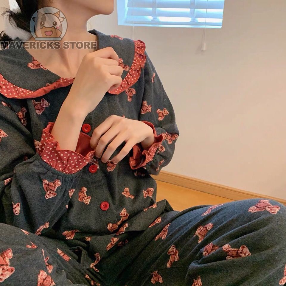 Bộ Đồ Ngủ Hai Mảnh Họa Tiết Chấm Bi Hình Gấu Dễ Thương Phong Cách retro Hàn Quốc Cho Nữ