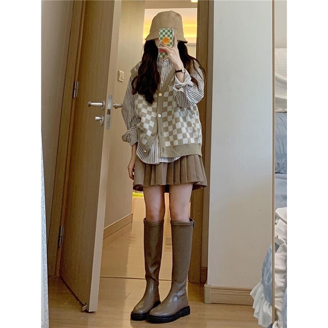 Set Áo Sơ Mi Kẻ Sọc Cổ Chữ V + Áo Len Không Tay Phong Cách Thời Trang Retro 2022