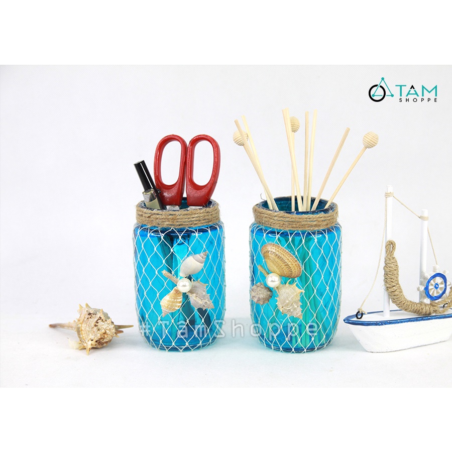 Lọ thủy tinh DIY phong cách biển quấn lưới ốc sò CTT-06
