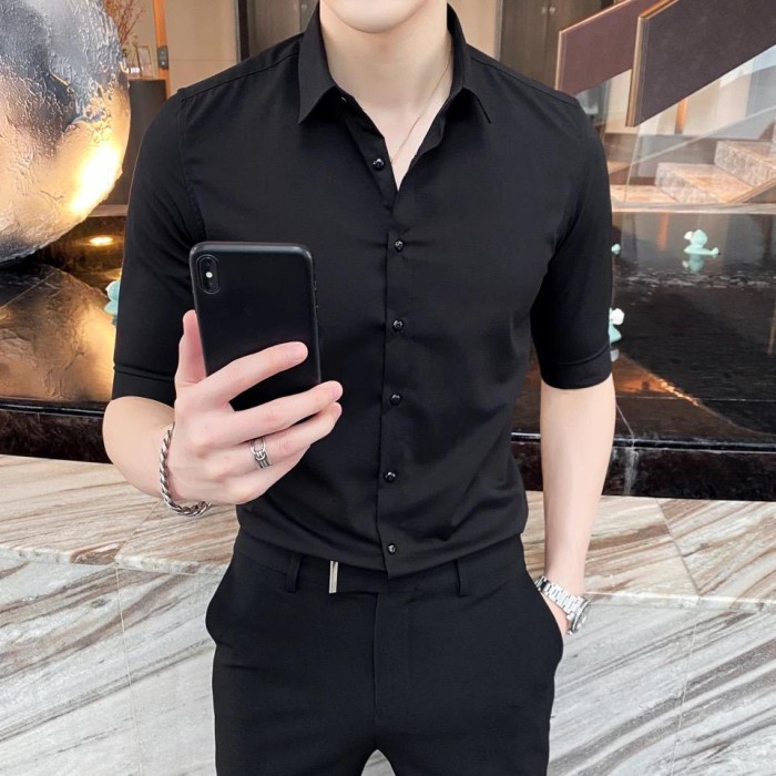 Áo sơ mi nam ngắn tay màu trắng/đen in chữ That Again HITS Wanted Gankeme L9W0