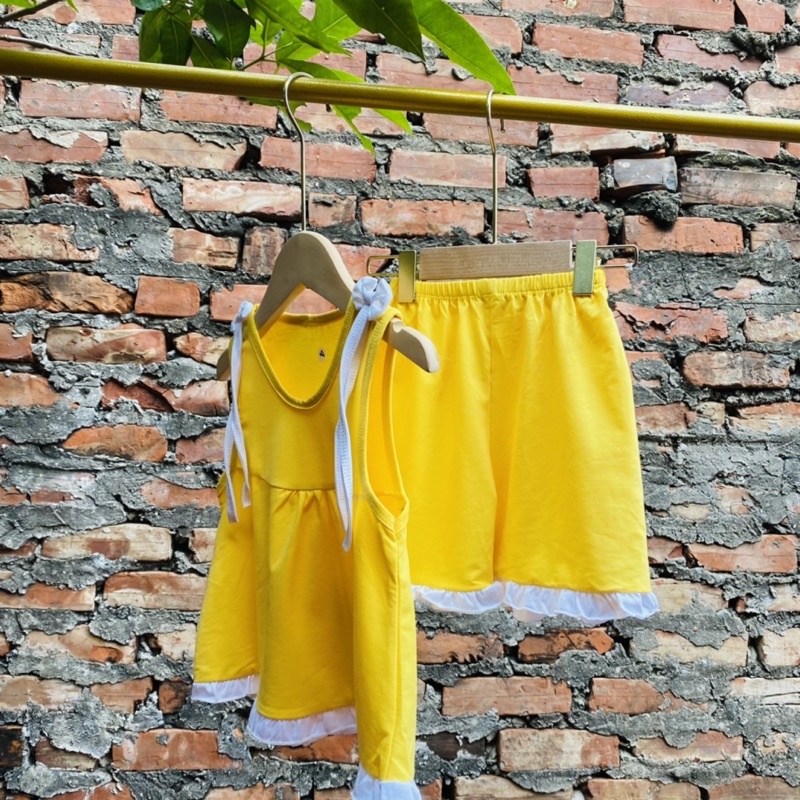 Bộ quần áo bé gái mùa hè chất liệu cotton gắn nơ vai 8-18kg