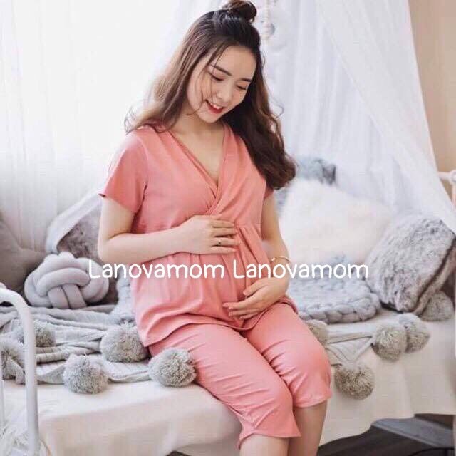 Bộ đồ bầu và cho con bú LỬNG VẠT CHÉO chất coton co dãn mát mịn