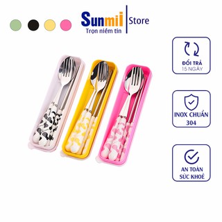 [ Sản Phẩm Mới ] Bộ Muỗng Đũa Inox Cao Cấp Cán Sứ Có Hộp Đựng Họa Tiết Bò Sữa