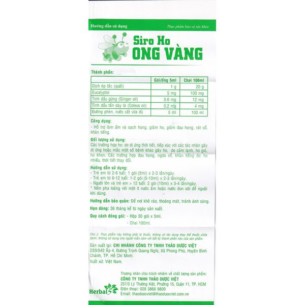 Siro Ho Ong Vàng Herbal 30 Gói X 5Ml