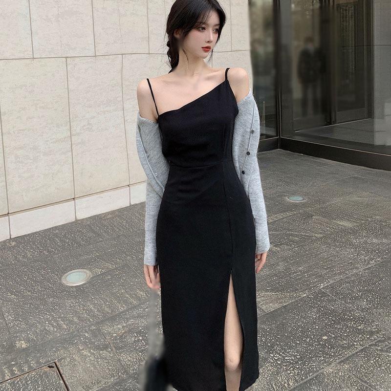 Đầm 2 dây xẻ tà màu sắc cổ điển phong cách Hàn Quốc thời trang cho nữ