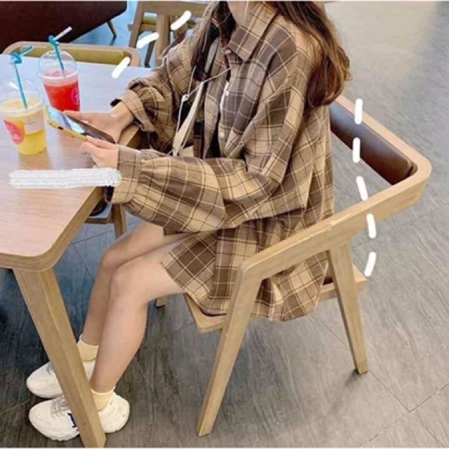 Áo Sơ Mi Nữ Hàn Quốc  Sơ mi kẻ nâu đen tay bồng KOREA SIÊU XINH