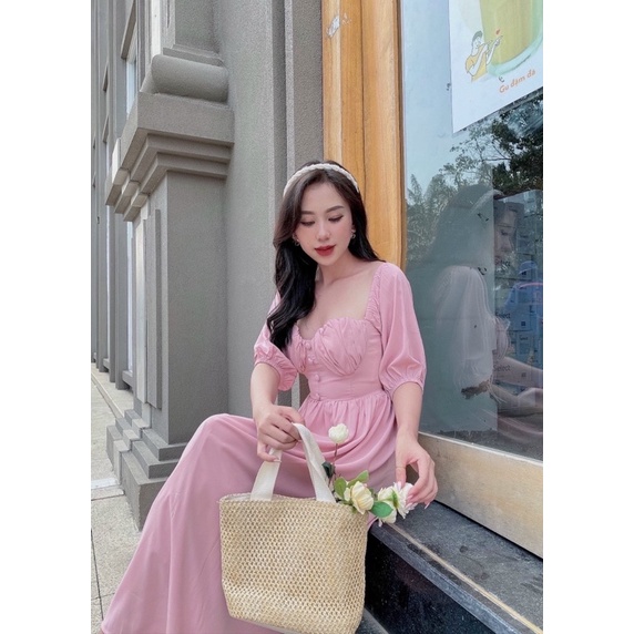 Đầm lụa hồng xoè nhún cúp ngực tay phồng nút bọc Đầm váy đi chơi dạo phố du lịch đi biển hotgirl tk đơn giản dịu dàng