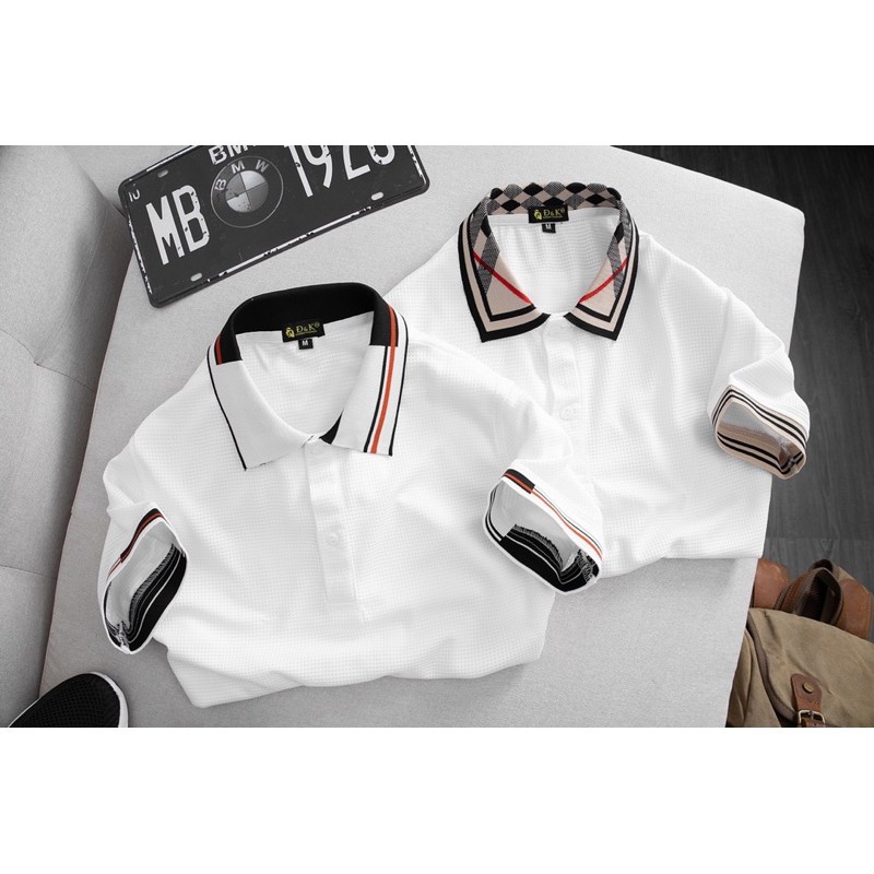 Áo Phông Nam Cổ Bẻ Cộc Tay Cổ Phối Họa Tiết Màu Trắng Phom Body Chất Liệu Cotton Co Giãn 4 Chiều Kiểu Dáng Trẻ