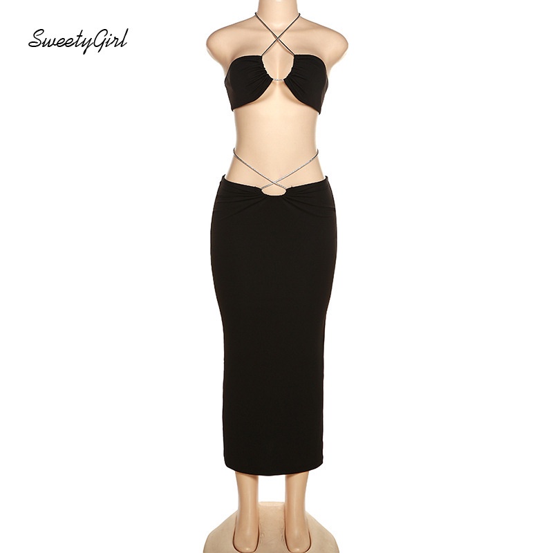 Bộ Áo Không Tay Hở Vai + Quần Lưng Thấp Màu Trơn Thời Trang 2022 Dành Cho Nữ