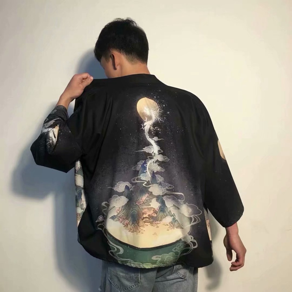 Áo Kimono In Hình Mặt Trăng Phong Cách Nhật Bản Cho Nam Nữ