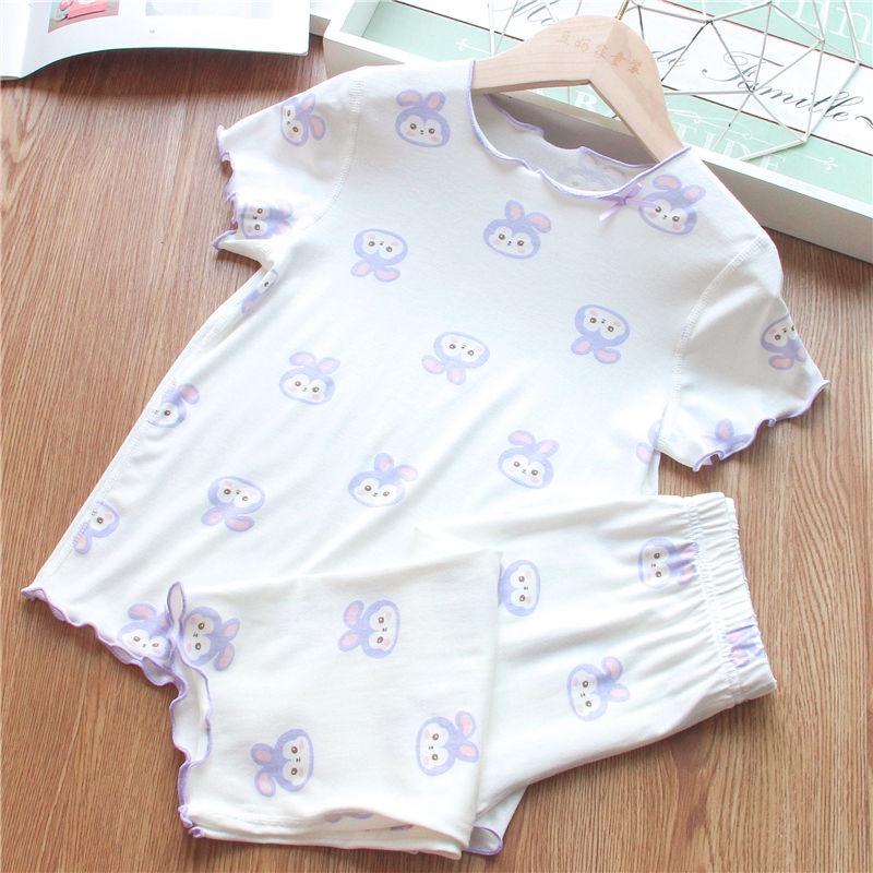 Bộ Đồ Ngủ Hai Mảnh Bằng Vải Lụa Lạnh Họa Tiết Thỏ Hoạt Hình Dễ Thương Thoải Mái Cho Bé