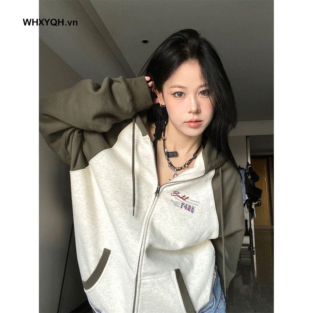 Áo Khoác Cardigan Có Mũ Trùm Phối Màu Tương Phản Phong Cách Mỹ Mới