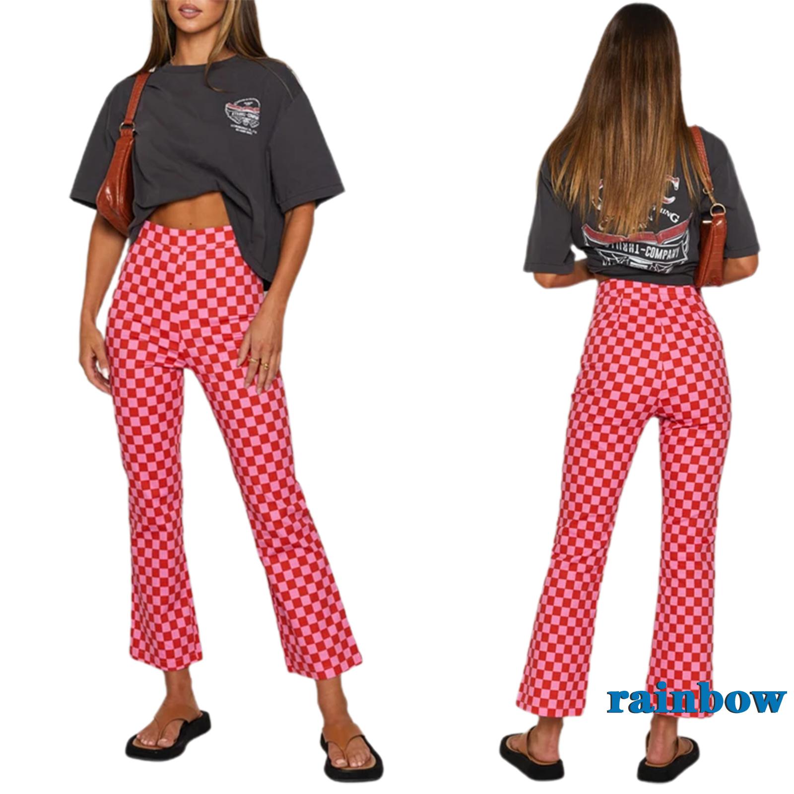 RAINBOW-Women Casual Skinny Pants, Classic High Waist Plaid Printed Slim Fit Flare Pants