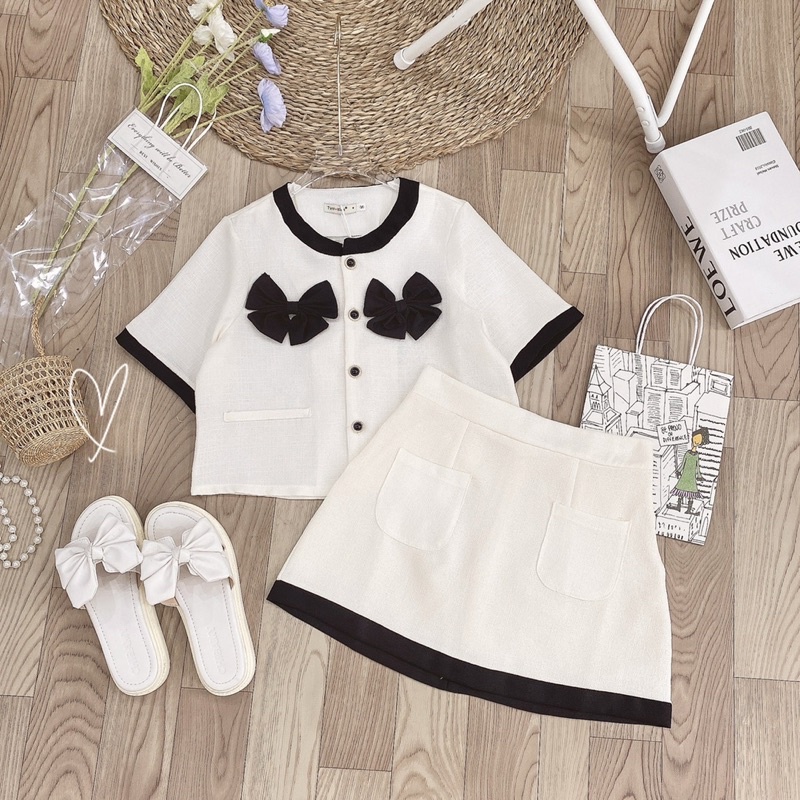 [ 341] Set Bộ Áo Nơ Tiểu Thư Hàng 2 Lớp Có Ảnh Thật
