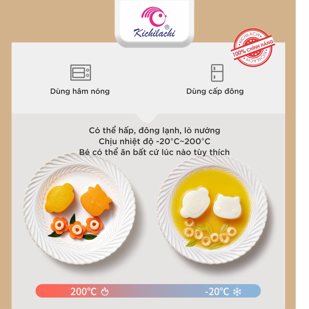Khay Trữ Đông Kichilachi, Bảo Quản Đồ Ăn Dặm Cho Bé Chất Liệu Silicon Có Kèm Nắp Đậy Với 6 Ngăn Hình Thú Siêu Đáng Yêu