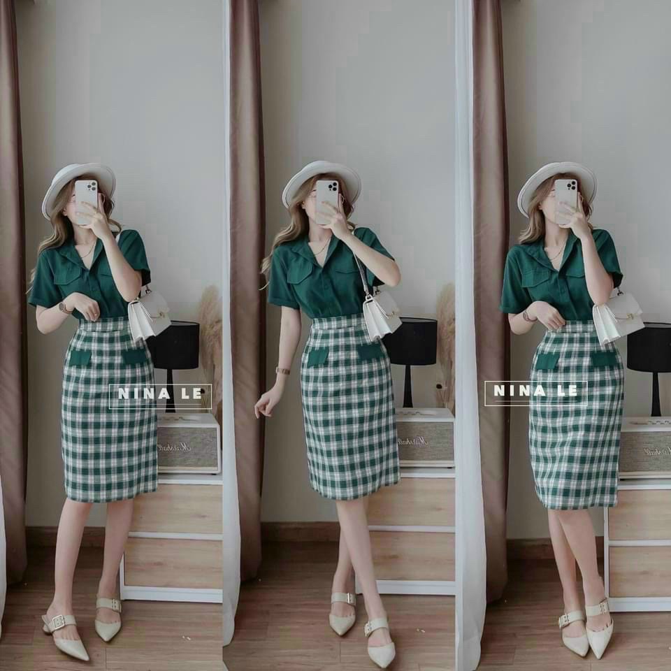 Đầm Rời Công Sở 2 Món Áo Đũi Xanh Lịch Sự Kèm Chân Váy Carô Chất Kate Bố Phù hợp Đi Làm, Đi Chơi Phong Cách Trẻ Trung [D