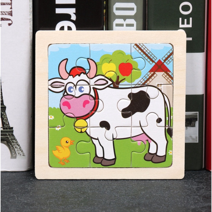 Set 9 Đồ Chơi Lắp Ráp Bằng Gỗ Họa Tiết Hoạt Hình Động Vật / Máy Bay / Gia