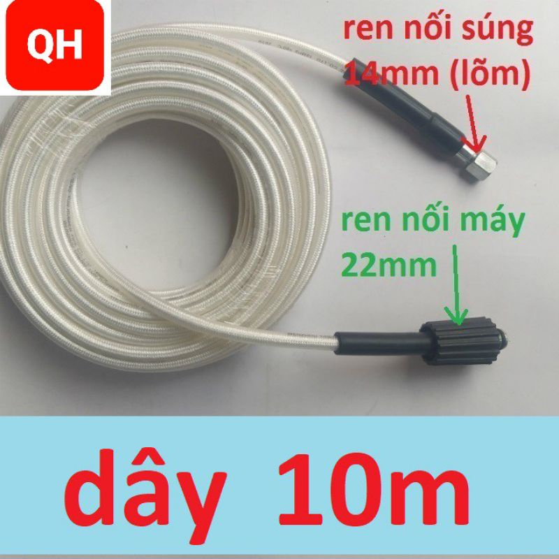 Dây Rửa Xe 10m,15m,20m Cho Máy bơm Xịt Rửa Áp Lực Cao ( Ren nối 22mm - 14mm)