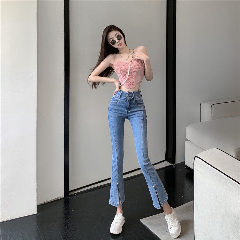 Jiashucheng Quần Jean Ống Loe Dài Tới Mắt Cá Chân Eo Cao Ôm Dáng Thiết Kế Xẻ Tà Phong Cách Mùa Hè Mới Cho Nữ