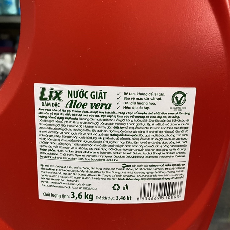 Nước giặt Lix aloe vera chai 3,6kg