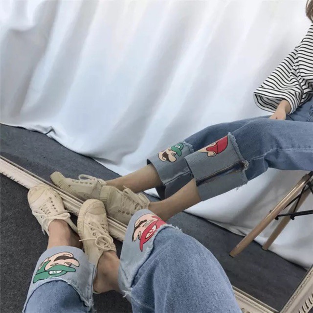 quần jean ulzzang ống suông xắn gấu hình mảio có size bigsize / quần jean bigsize size lớn kích thước lớn