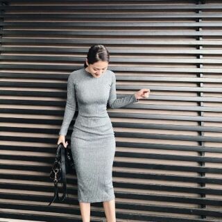 Đầm thun gân body xẻ sau dáng chuẩn đẹp tay dài