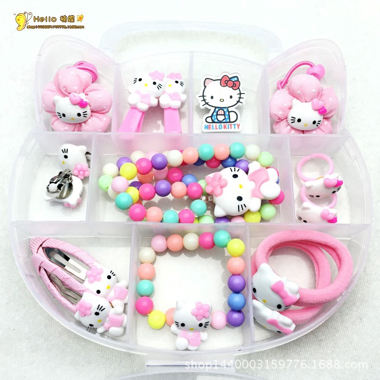 Bộ Kẹp Tóc + Vòng Tay + Dây Chuyền Hello Kitty Cho Bé Gái