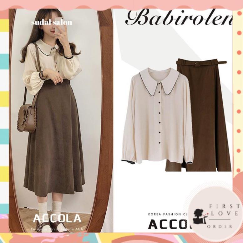 (firstlove ORDER) Set áo sơ mi dài tay cổ bẻ phối viền MORAN + Chân váy xòe dài vintage Hàn Quốc (HÀNG_MỚI) 01