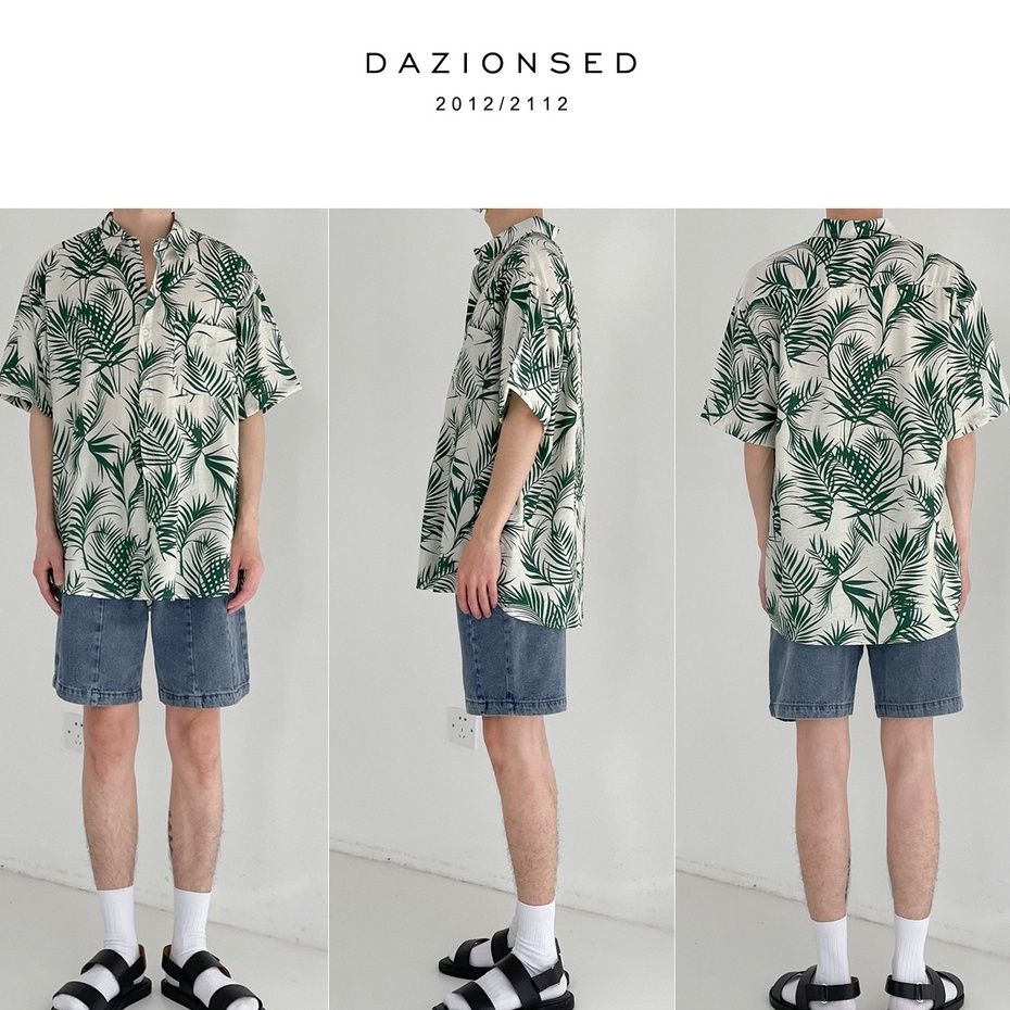 Áo Sơ Mi Nam Tay Ngắn Có Cổ Họa Tiết Lá Cây Size M-3XL