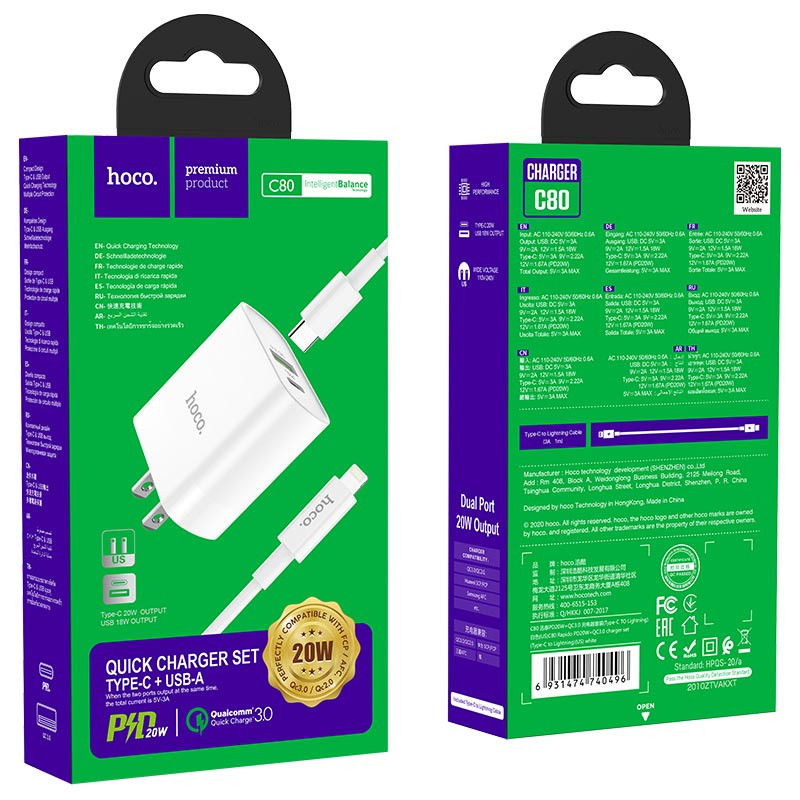 BỘ SẠC NHANH HOCO C80 TYPE-C RA LIGHTNING PD 3.1A / 20W / QC 3.0 (US)