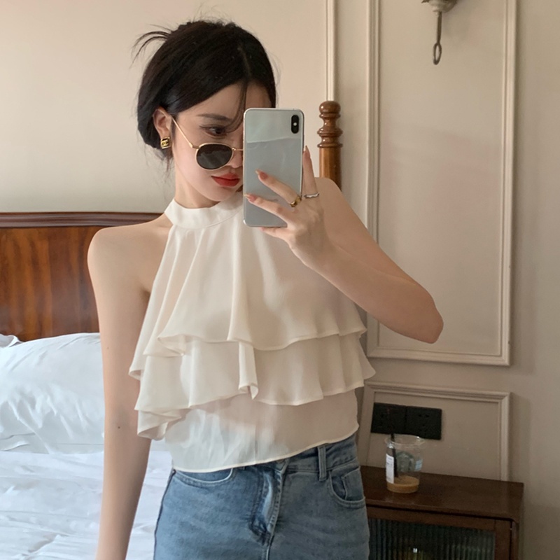 [] - Áo Chiffon Sát Nách Cổ Tròn Nhún Bèo Màu Trơn Thời Trang Mùa Hè Dự Tiệc Hằng Ngày Cho Nữ