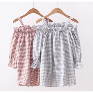 ASM04 - Áo sơ mi trễ vai kẻ sọc tay lỡ phong cách Hàn Nhật