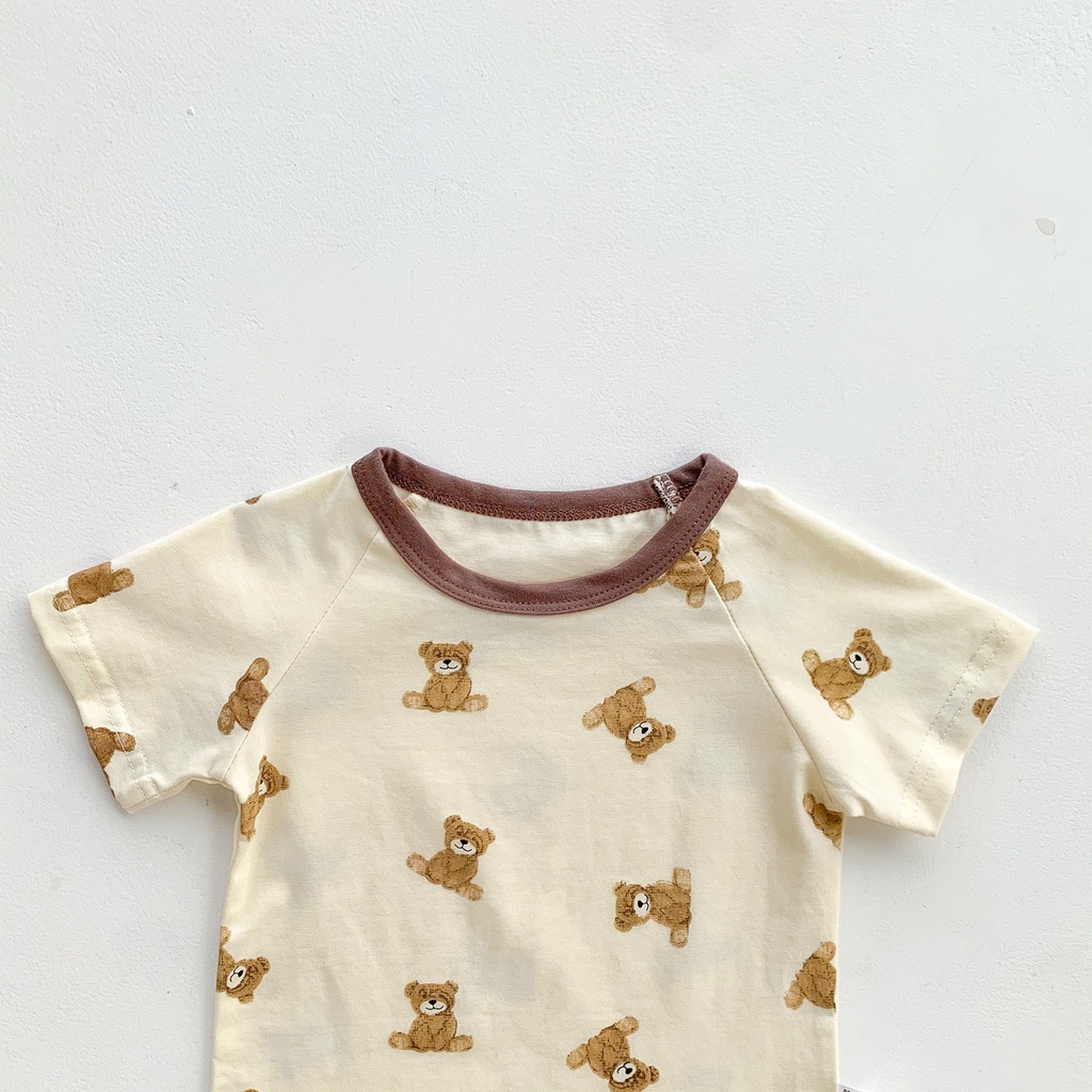 Bộ Áo Liền Quần Tay Ngắn Chất Liệu Cotton In Hình Chú Gấu Kèm Nón Dễ Thương Cho Bé Sơ Sinh 0-2 Tuổi