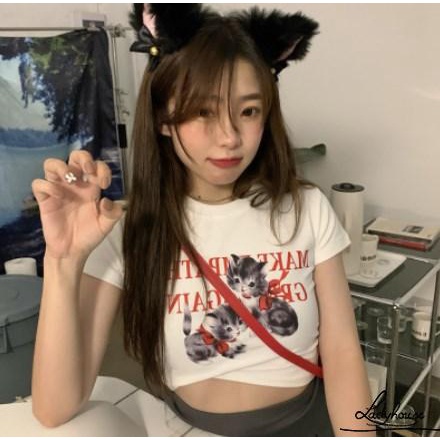 Áo Thun Crop Top Tay Ngắn Cổ Tròn In Hình Mèo Dễ Thương Thời Trang Mùa Hè Dành Cho Nữ