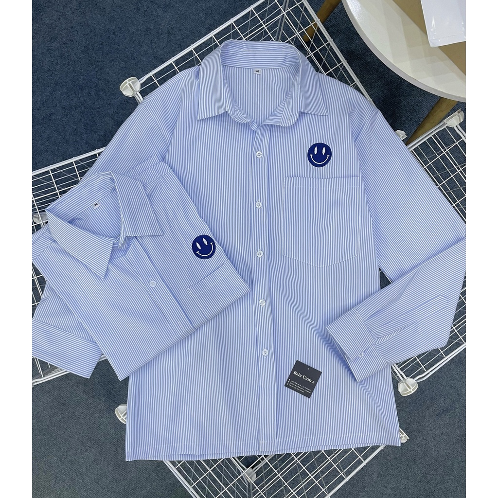 Áo sơ mi sọc xanh thêu LOGO form rộng Unisex cho cả nam và nữ - Boin Store