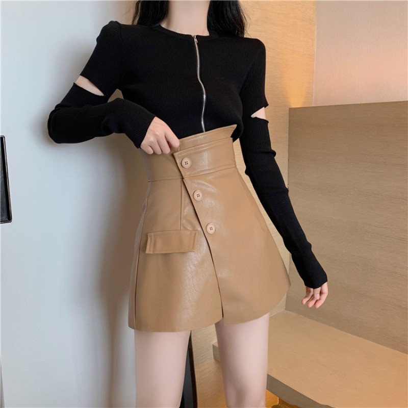 Cchân váy ngắn da PU/ áo dệt kim khóa kéo thời trang | BigBuy360 - bigbuy360.vn