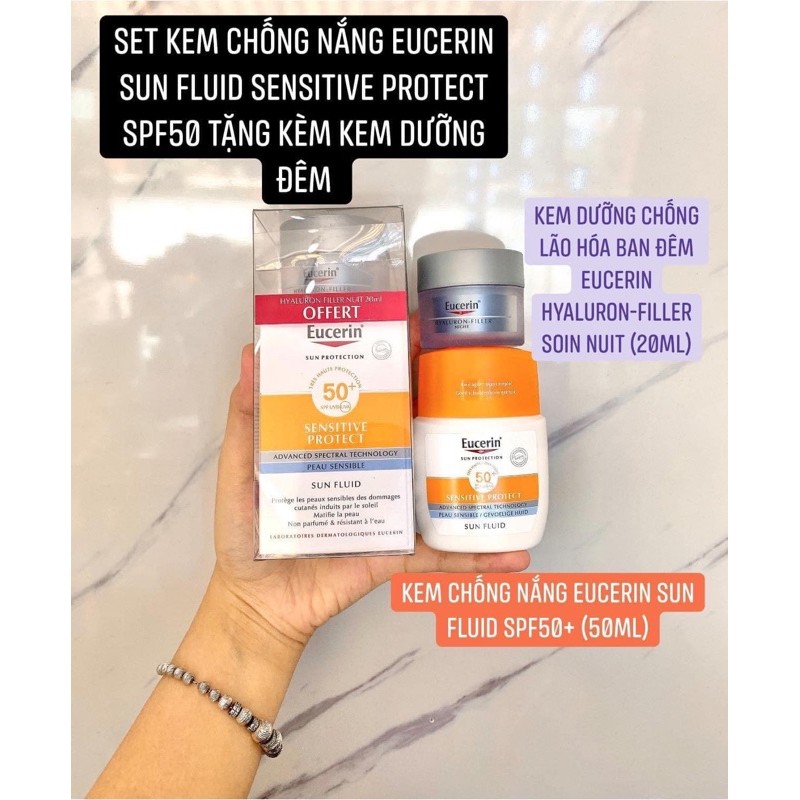 Set kem chống nắng Eucerin Sun Fluid Sensitive Protect SPF50 tặng kèm kem dưỡng đêm