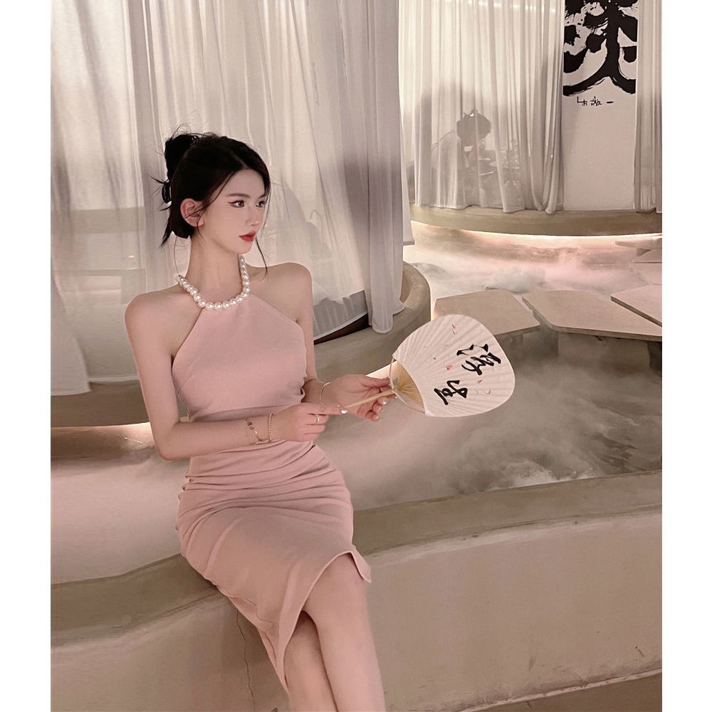 Irregular neck suspender dress in summer French pink waist shows thin hips forked medium-long skirt