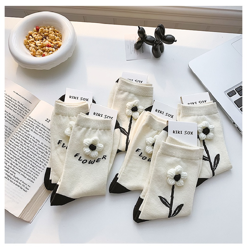 Vớ Cotton Cổ Trung Họa Tiết Hoa Sơn Trà Phong Cách Mới Cho Nữ