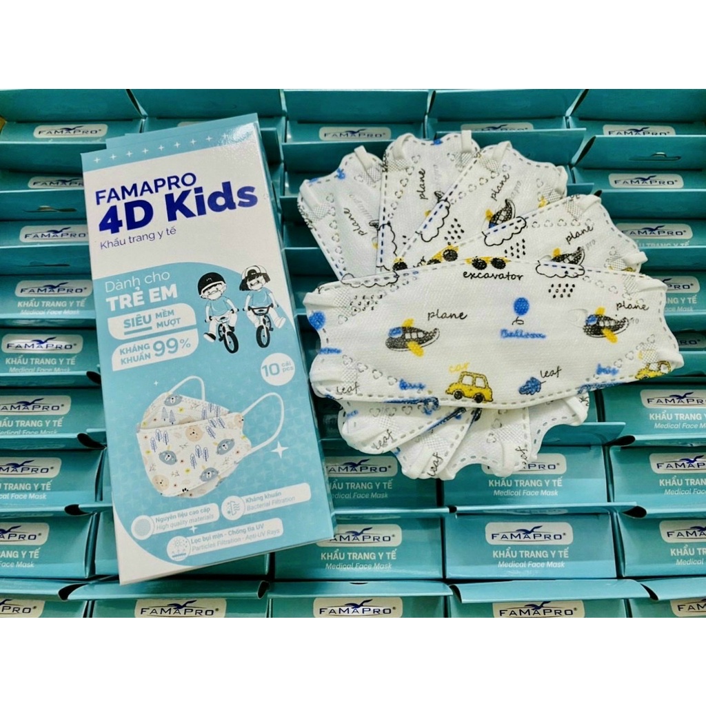[4D MASK KIDS (KF94)- COMBO 4- HỘP 10 CÁI] Khẩu trang y tế trẻ em cao cấp kháng khuẩn 3 lớp Famapro 4D Kids