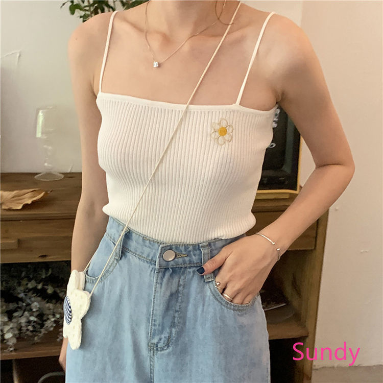 Áo Hai Dây Dệt Kim Mỏng Thêu Hoa Xinh Xắn Thời Trang Mùa Hè Cho Nữ