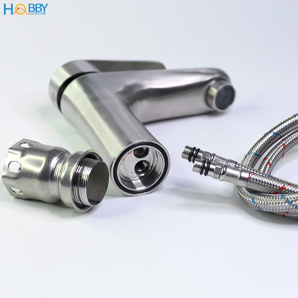 Vòi chậu rửa mặt lavabo nóng lạnh gắn chậu Hobby Home Decor VRM2 inox 304 không rỉ kèm dây cấp nóng lạnh