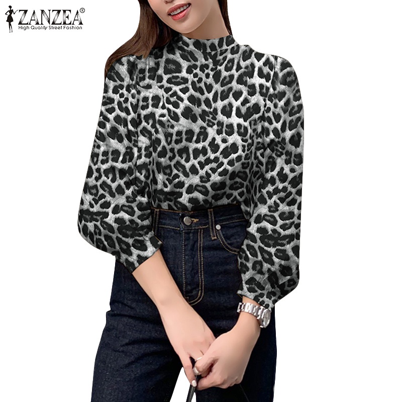 Áo ZANZEA tay phồng cổ đứng form rộng in họa tiết da báo sành điệu cho nữ