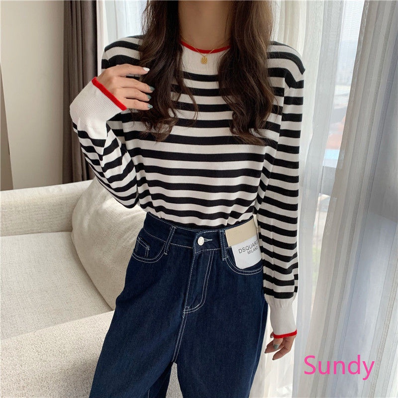 Áo Dệt Kim Dáng Rộng Kẻ Sọc Kiểu Hàn Quốc Thời Trang Mùa Thu Cho Nữ