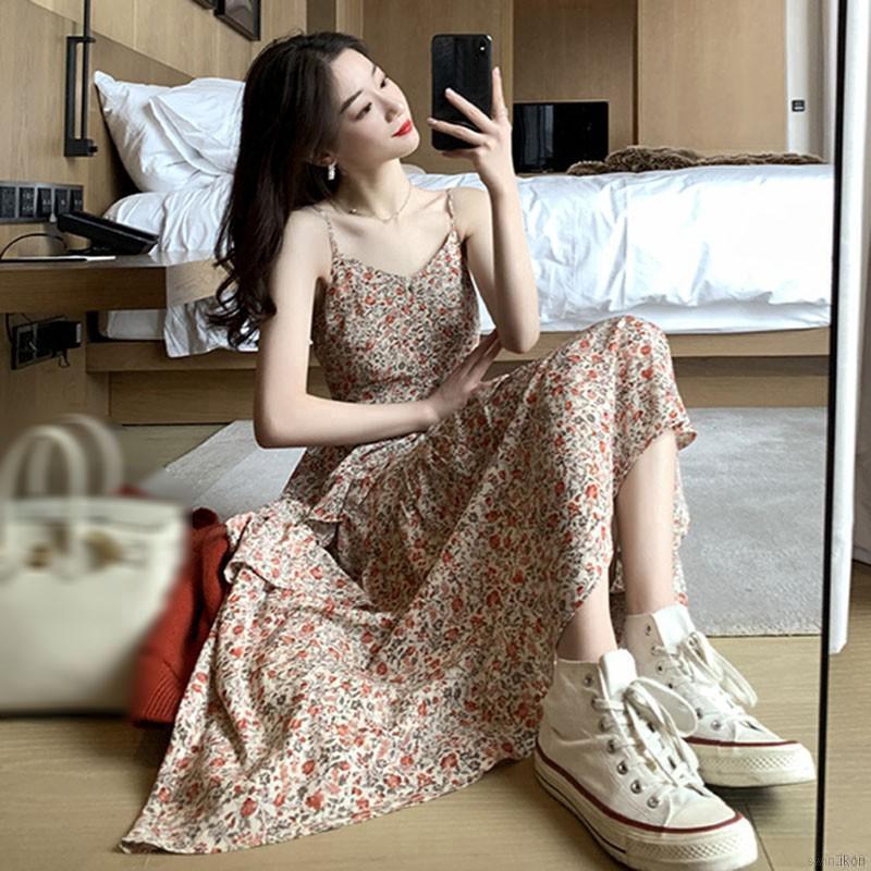 Đầm Dài Sát Nách Cổ Chữ V Hoạ Tiết Hoa Phong Cách Retro đầm hoa váy hoa nhí