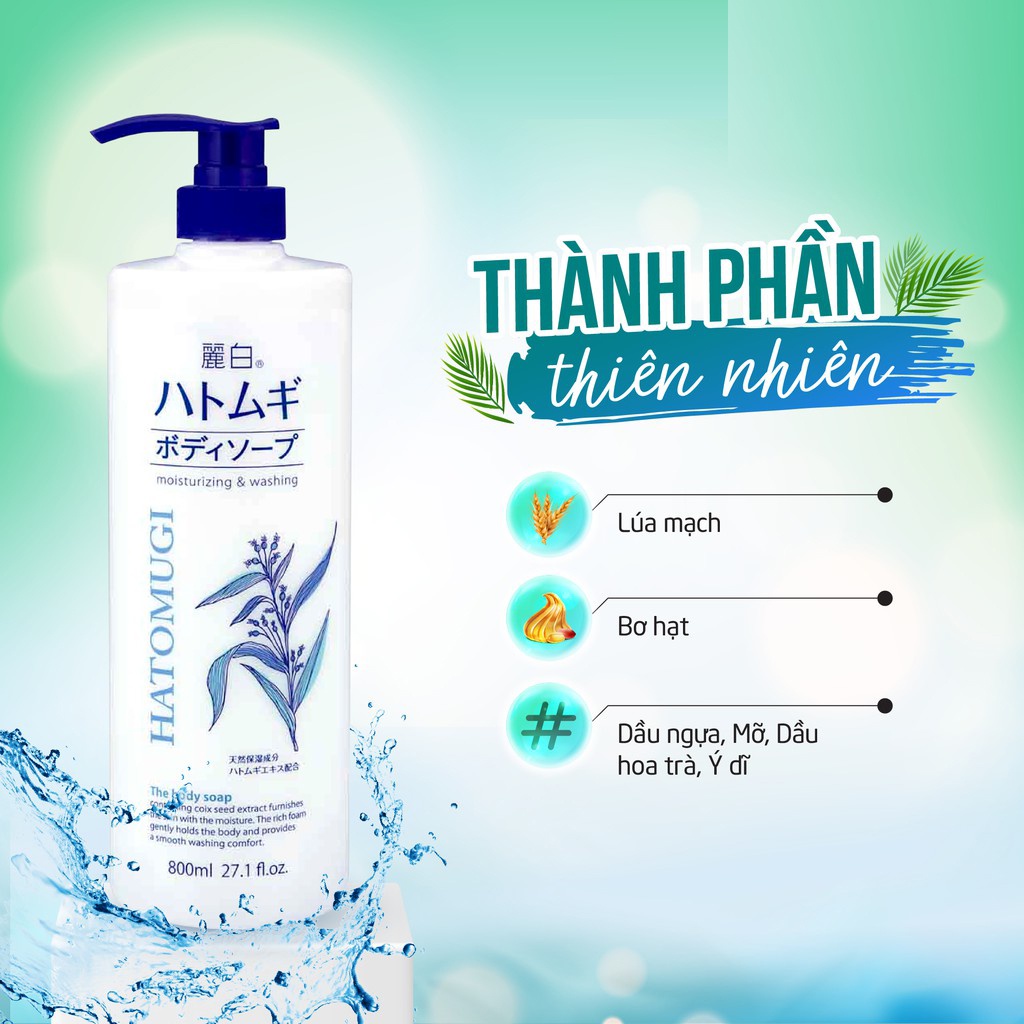 Sữa tắm dưỡng ẩm tinh chất Hạt Ý Dĩ Reihaku Hatomugi Body Soap nhập khẩu chính hãng từ Nhật Bản 800ml