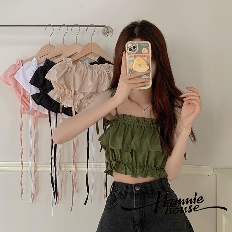 Hannie-áo Hai Dây Nhún Bèo Thấp Màu Trơn Mùa Hè Cho Nữ