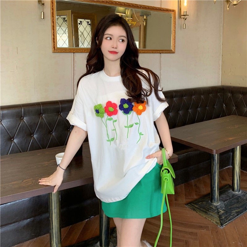 Áo Thun Tay Ngắn Cổ Tròn Thêu Hoa Cỡ Lớn Thời Trang Mùa Hè Hàng Mới Cho Nữ