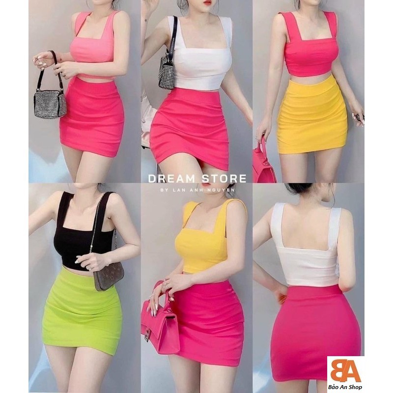 [ Mã FAMAYWA2 giảm 10K đơn 50K] Set bộ áo dây bảng to + chân váy chất thun borip Free Size dưới 53kg dành cho nữ